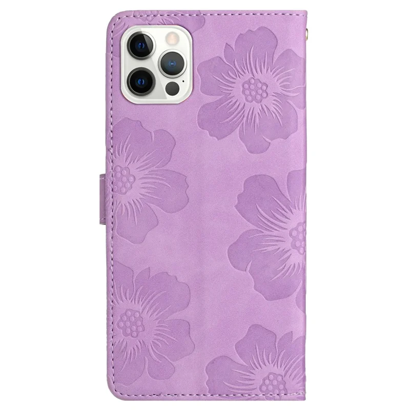 For iPhone 12 Pro Max 6.7 inch Flowers Imprint Phone Case PU Leather Wallet Cover with Stand - Purple