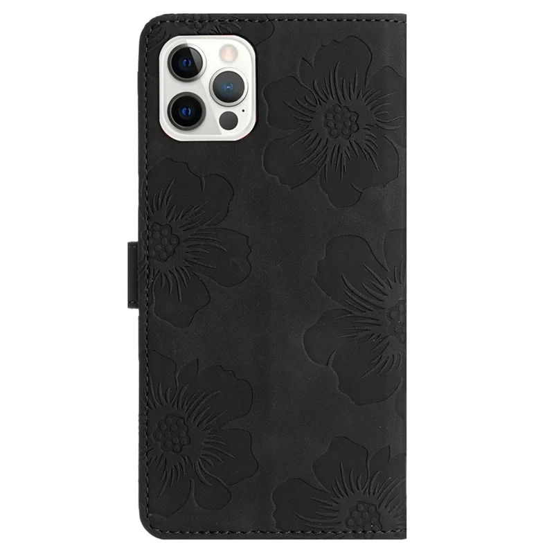 For iPhone 12 Pro Max 6.7 inch Flowers Imprint Phone Case PU Leather Wallet Cover with Stand - Black