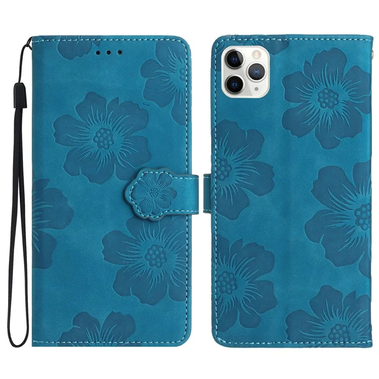 Для iPhone 11 Pro Flowers Imprint Flip Stand Phone Case PU Leather Wallet Shockproof Cover - Blue