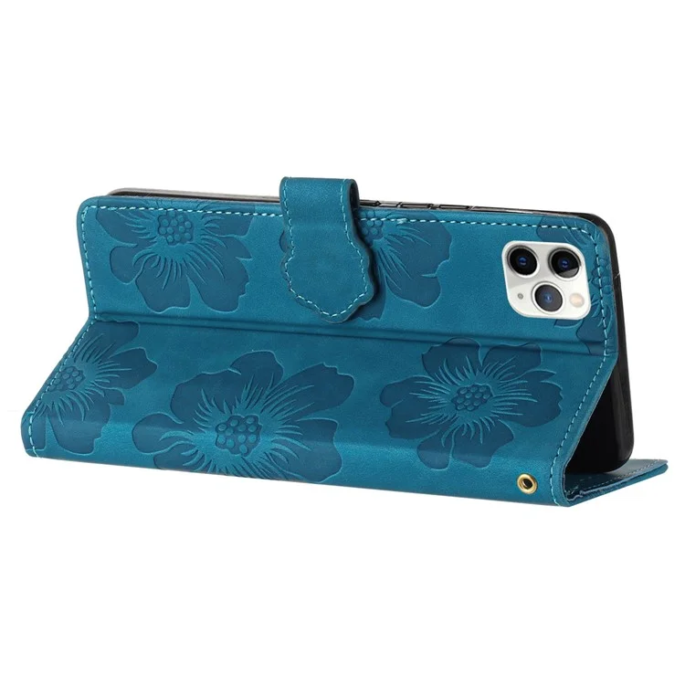 Для iPhone 11 Pro Flowers Imprint Flip Stand Phone Case PU Leather Wallet Shockproof Cover - Blue