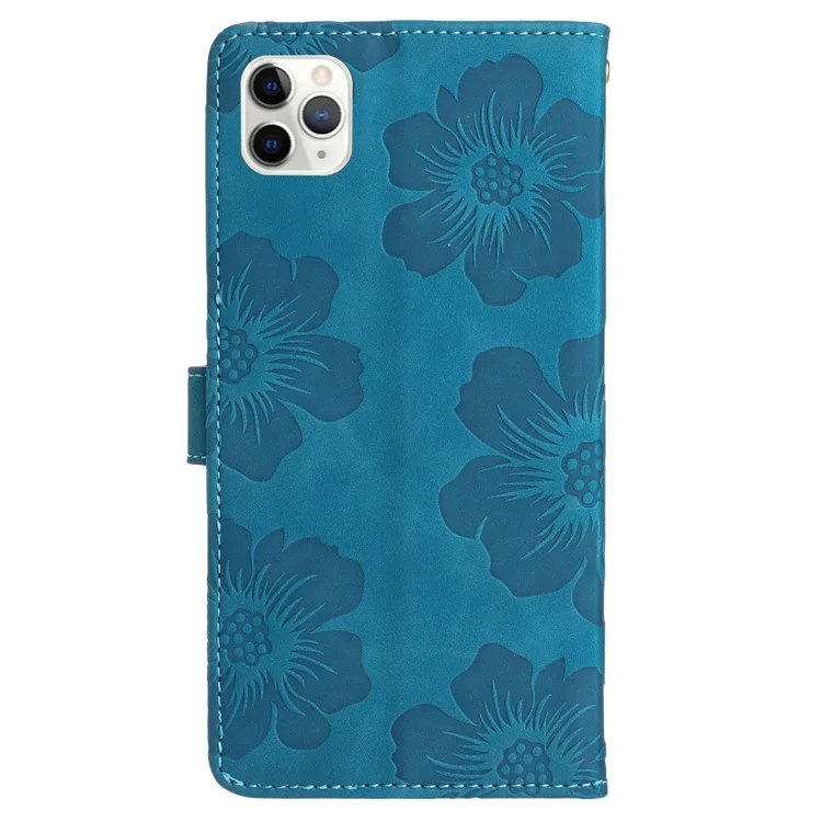 Для iPhone 11 Pro Flowers Imprint Flip Stand Phone Case PU Leather Wallet Shockproof Cover - Blue