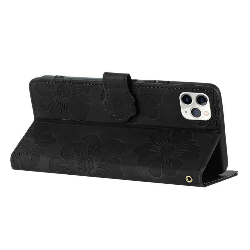 للهاتف iPhone 11 Pro جراب قلاب بطبعة زهور مع حامل ومحفظة من جلد PU مقاوم للصدمات - أسود