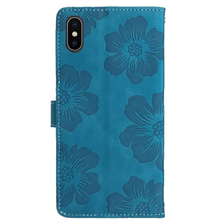 For iPhone XS Max 6.5 inch Flowers Imprint Drop-proof Shell PU Leather Wallet Flip Stand Cover - Blue