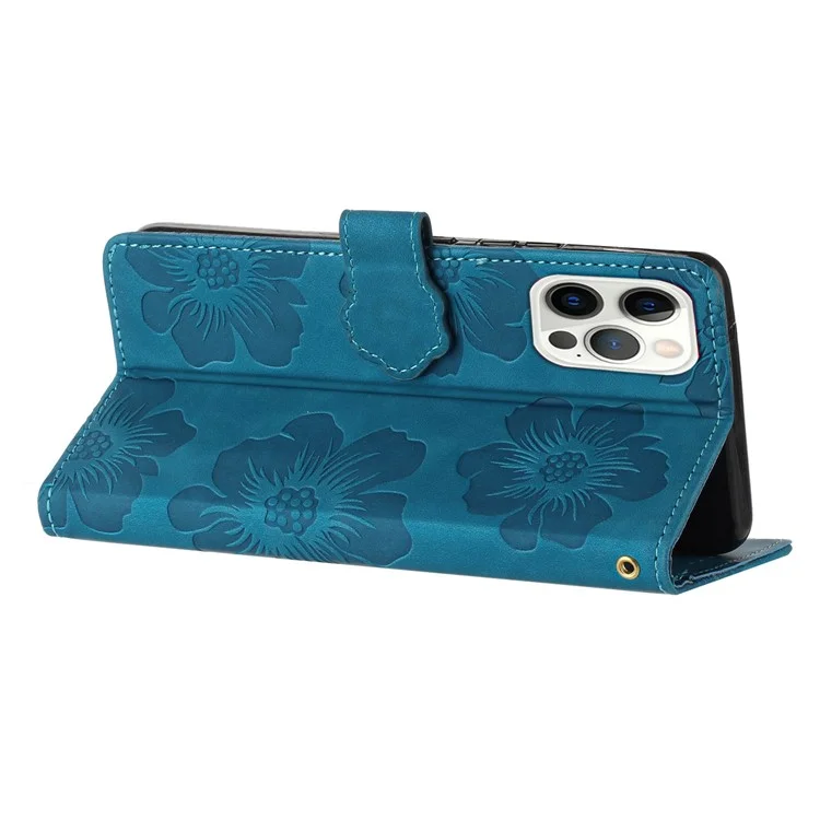 For iPhone 13 Pro 6.1 inch PU Leather Flip Stand Cover Flowers Imprinted Phone Case with Wallet - Blue