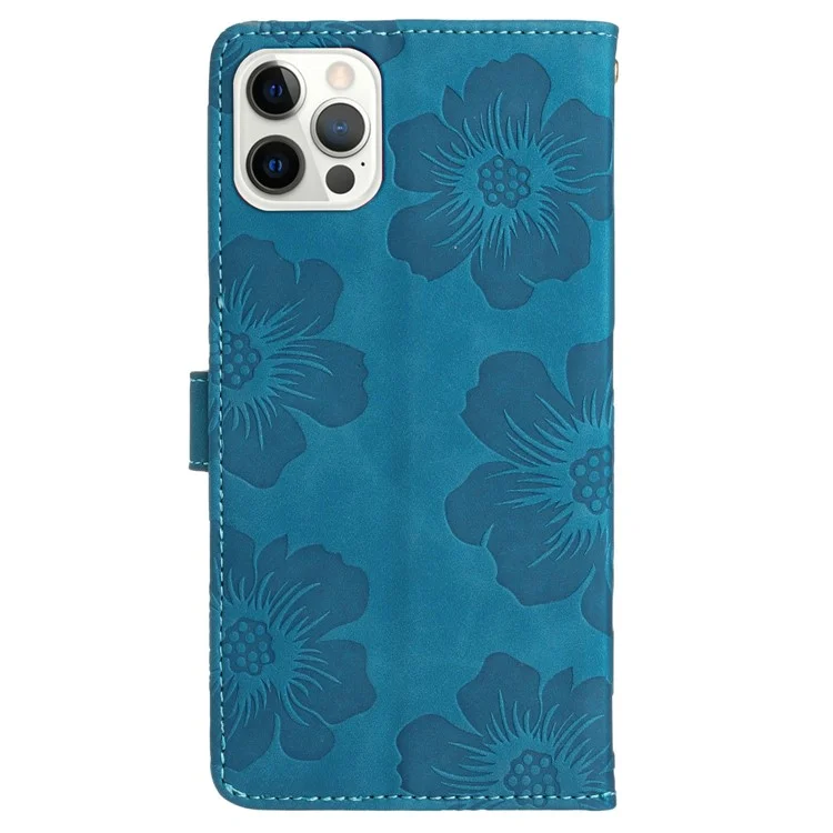 For iPhone 13 Pro 6.1 inch PU Leather Flip Stand Cover Flowers Imprinted Phone Case with Wallet - Blue