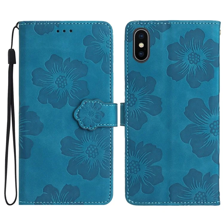 Für iPhone X / XS 5,8 Zoll Blumen-Imprägnierung Mobile Case PU-Leder-Geldbörse Anti-Drop Stand Cover - Blau