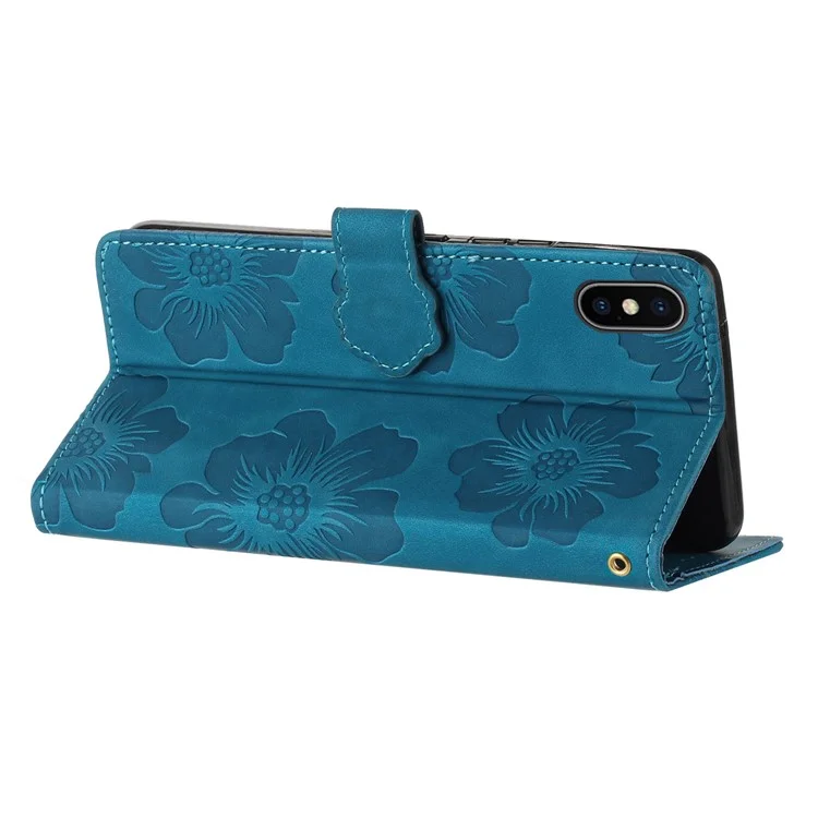 Für iPhone X / XS 5,8 Zoll Blumen-Imprägnierung Mobile Case PU-Leder-Geldbörse Anti-Drop Stand Cover - Blau