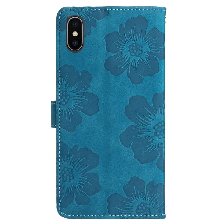Für iPhone X / XS 5,8 Zoll Blumen-Imprägnierung Mobile Case PU-Leder-Geldbörse Anti-Drop Stand Cover - Blau
