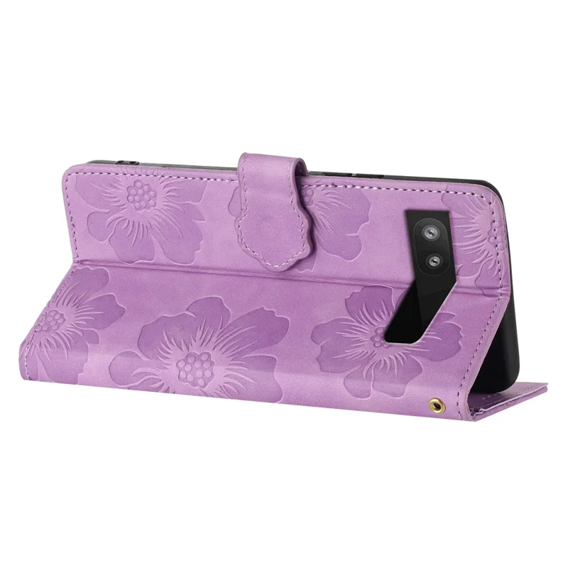 For Google Pixel 6a Slim-fit Phone Cover Stand Phone Shell Imprinted Flower Pattern Leather Case - Purple