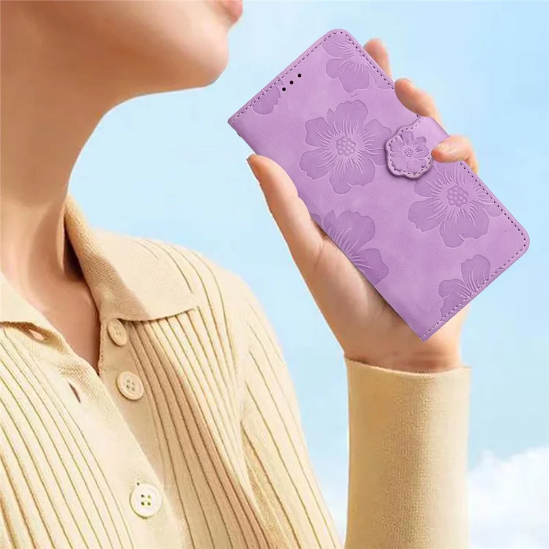 For Google Pixel 6a Slim-fit Phone Cover Stand Phone Shell Imprinted Flower Pattern Leather Case - Purple