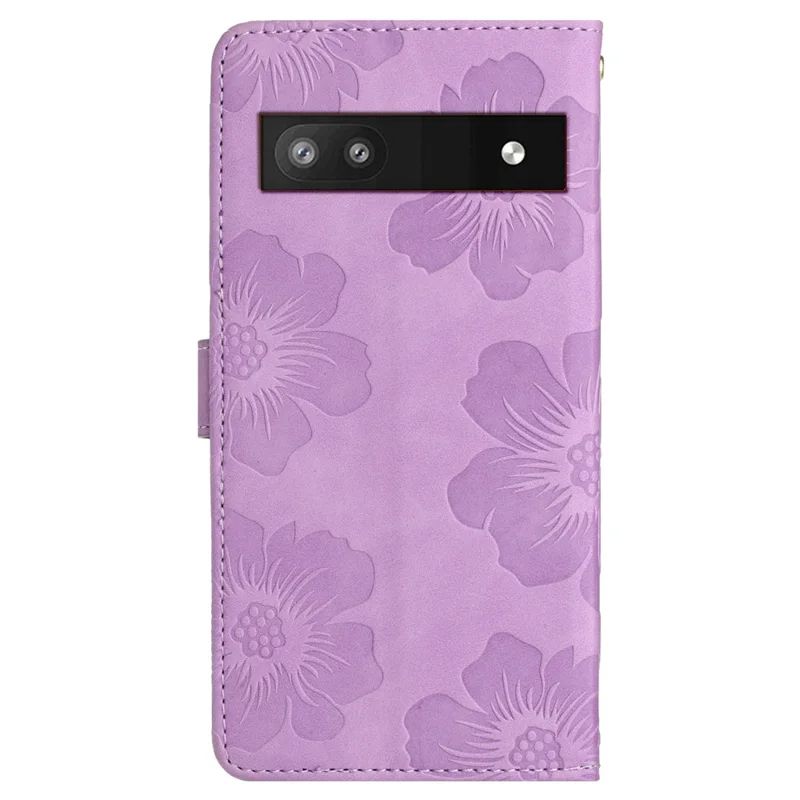 For Google Pixel 6a Slim-fit Phone Cover Stand Phone Shell Imprinted Flower Pattern Leather Case - Purple