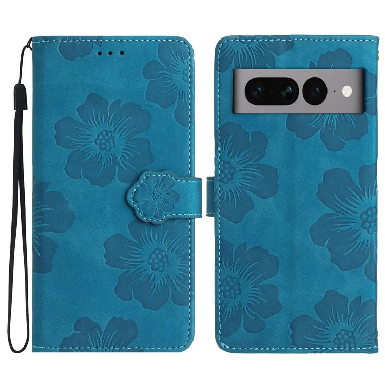 Phone Cover for Google Pixel 7 Pro 5G , Stand Imprinted Flower Pattern PU Leather Phone Case - Blue