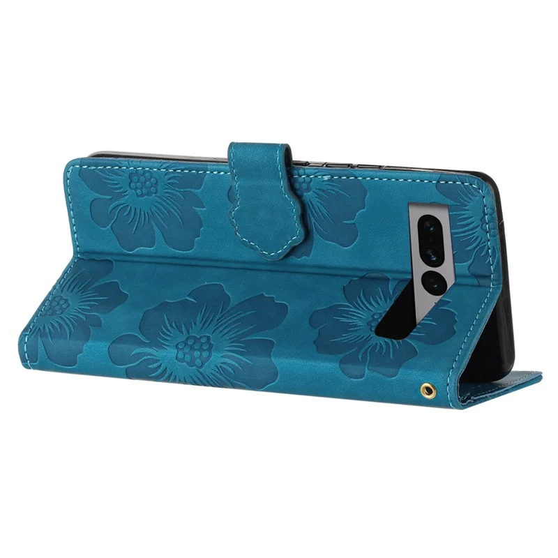 Phone Cover for Google Pixel 7 Pro 5G , Stand Imprinted Flower Pattern PU Leather Phone Case - Blue