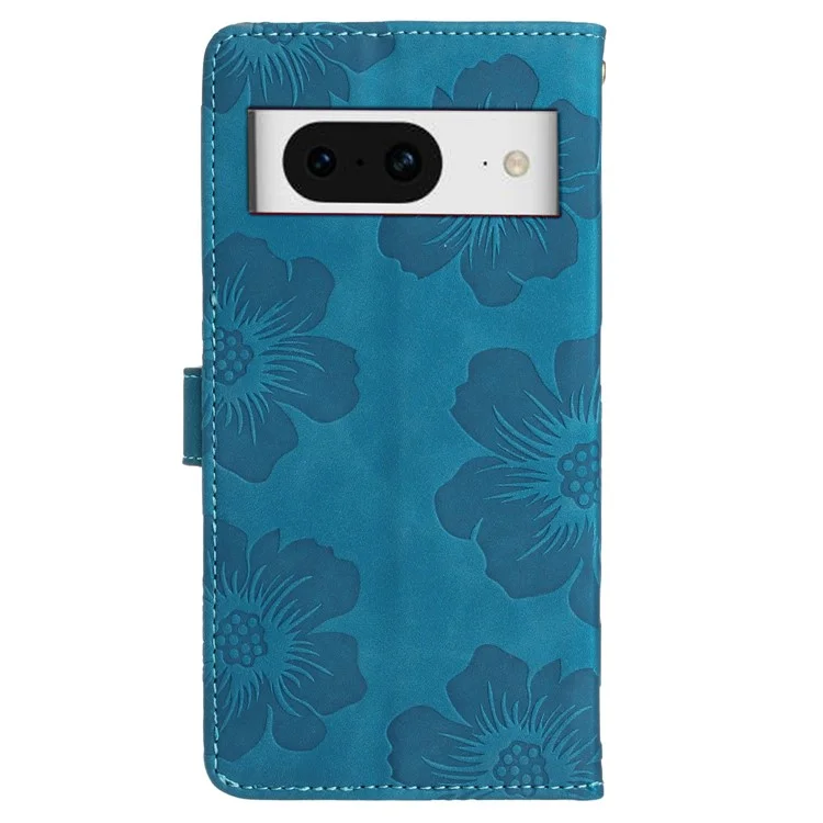 Für Google Pixel 8 Blumen Prägung Leder Shell Flip Wallet Cover Phone Case mit Ständer - Blau