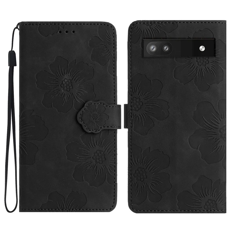 For Google Pixel 7a TPU+PU Leather Wallet Cover Stand Phone Shell Imprinted Flower Pattern Phone Case - Black