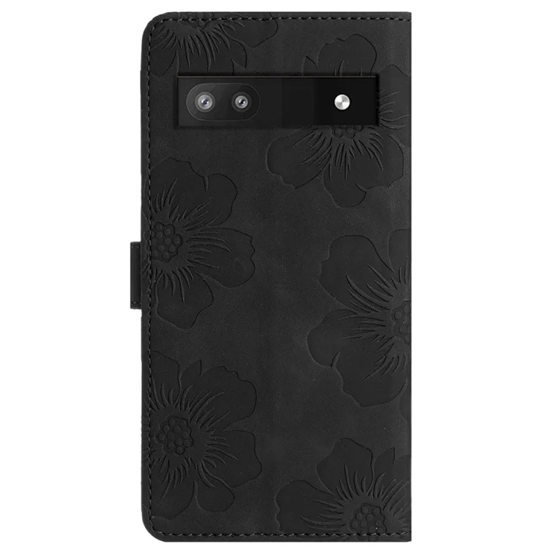For Google Pixel 7a TPU+PU Leather Wallet Cover Stand Phone Shell Imprinted Flower Pattern Phone Case - Black