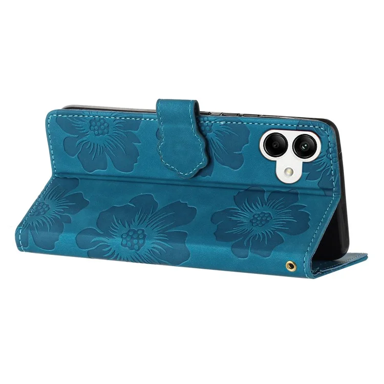 Für Samsung Galaxy A04e 4G / F04 4G / M04 4G Flowers Imprint Phone Case Leder Geldbörse Faltständer Cover - Blau