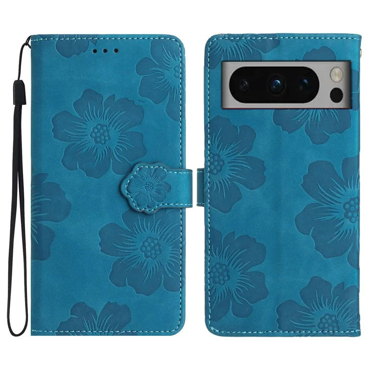 For Google Pixel 8 Pro Leather Wallet Full Protection Cover Flowers Imprint Stand Phone Case - Blue
