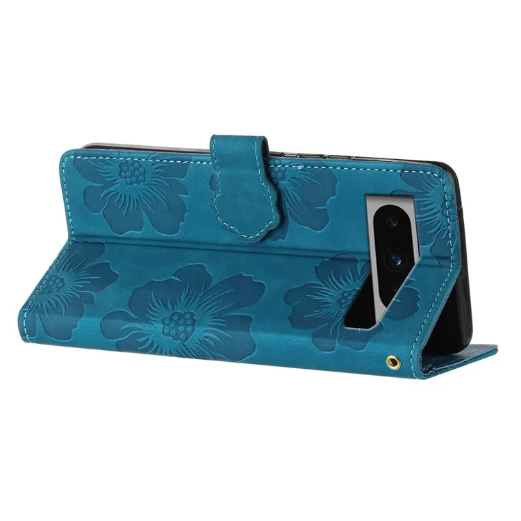 For Google Pixel 8 Pro Leather Wallet Full Protection Cover Flowers Imprint Stand Phone Case - Blue