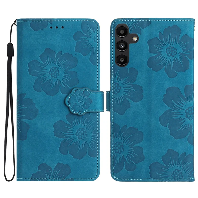 For Samsung Galaxy A14 5G Flowers Pattern Shockproof Phone Case PU Leather Wallet Cover with Stand - Blue
