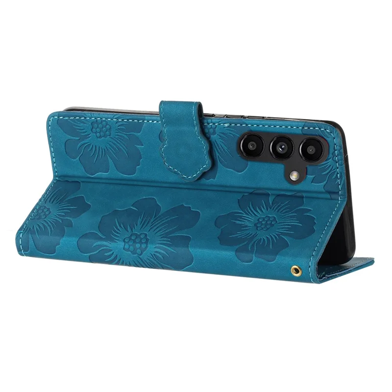 For Samsung Galaxy A14 5G Flowers Pattern Shockproof Phone Case PU Leather Wallet Cover with Stand - Blue