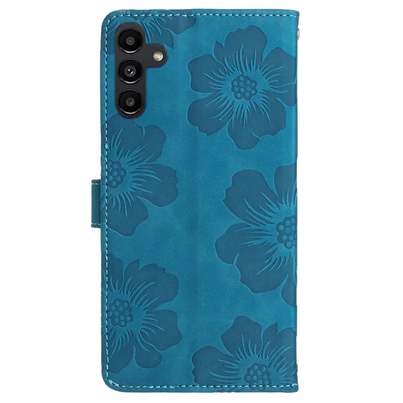 For Samsung Galaxy A14 5G Flowers Pattern Shockproof Phone Case PU Leather Wallet Cover with Stand - Blue