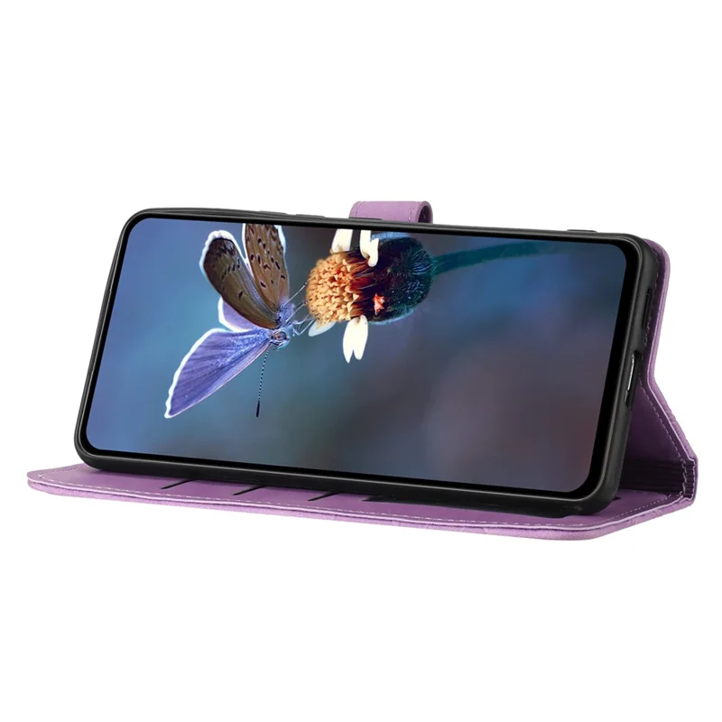 For Samsung Galaxy A14 5G Flowers Pattern Shockproof Phone Case PU Leather Wallet Cover with Stand - Purple