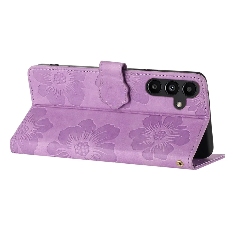 For Samsung Galaxy A14 5G Flowers Pattern Shockproof Phone Case PU Leather Wallet Cover with Stand - Purple