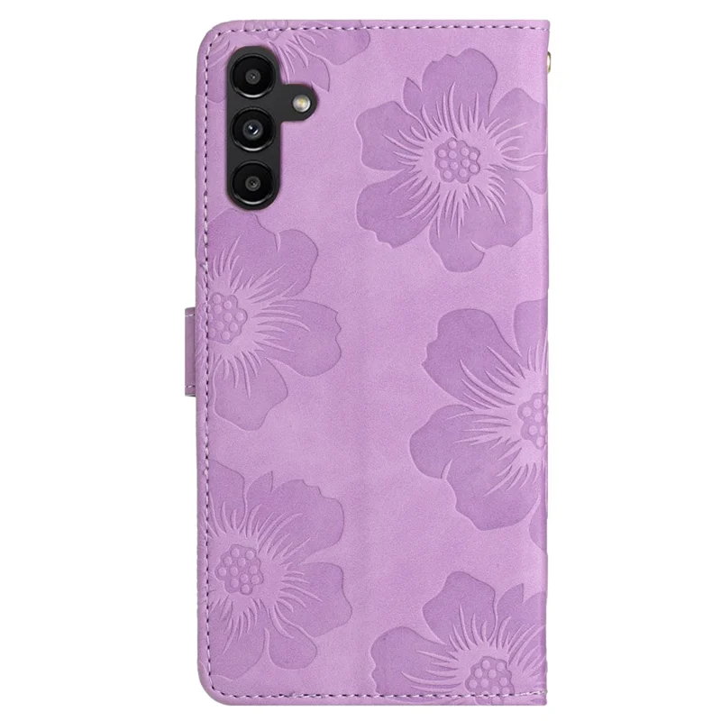 For Samsung Galaxy A14 5G Flowers Pattern Shockproof Phone Case PU Leather Wallet Cover with Stand - Purple