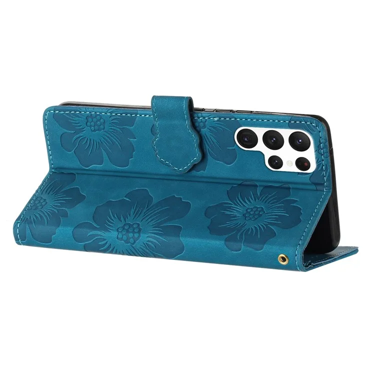 For Samsung Galaxy S23 Ultra Cell Phone Case Wallet Cover PU Leather Stand Imprinted Flower Pattern Shell - Blue