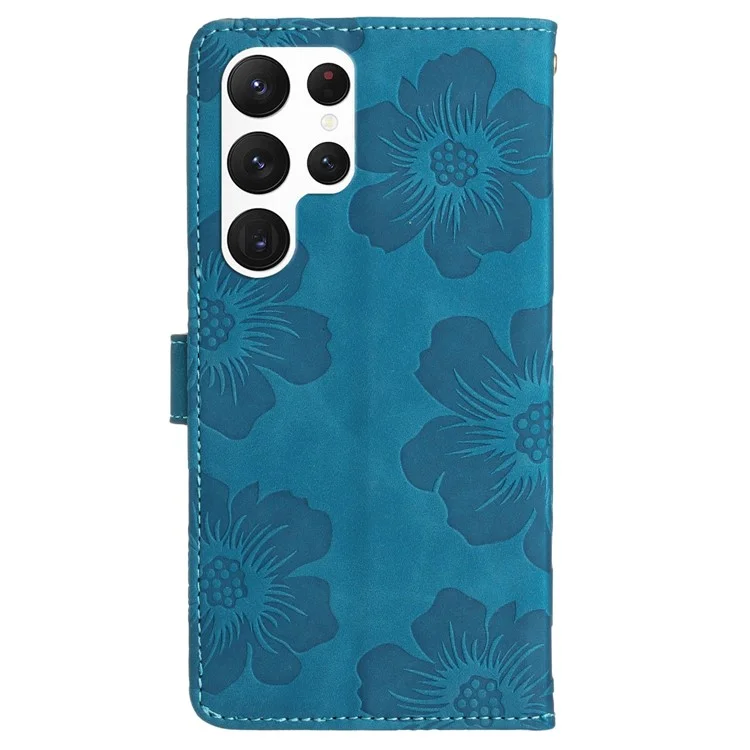 For Samsung Galaxy S23 Ultra Cell Phone Case Wallet Cover PU Leather Stand Imprinted Flower Pattern Shell - Blue