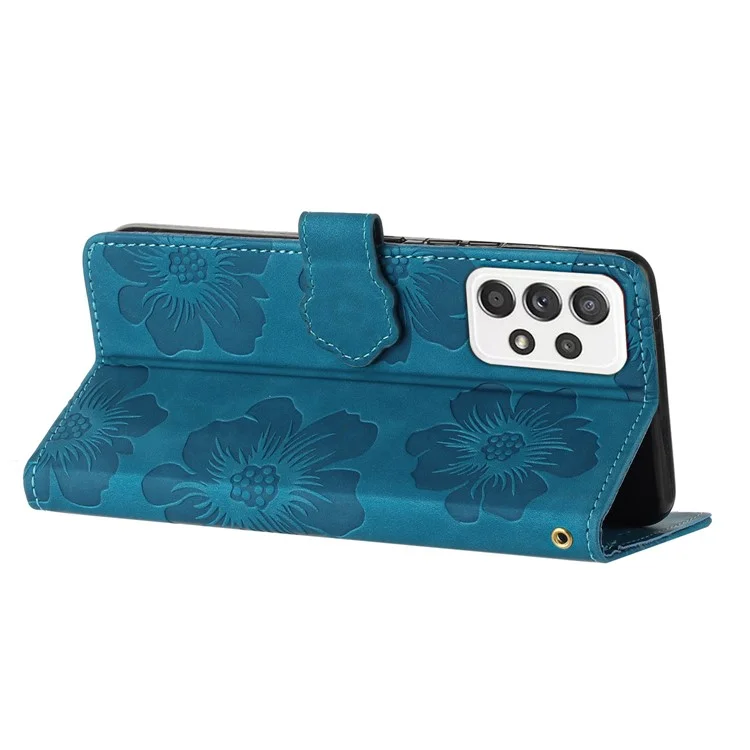 Pour Samsung Galaxy A73 5G Flip Stand Phone Case Flowers Imprint Leather Wallet Shockproof Cover - Bleu