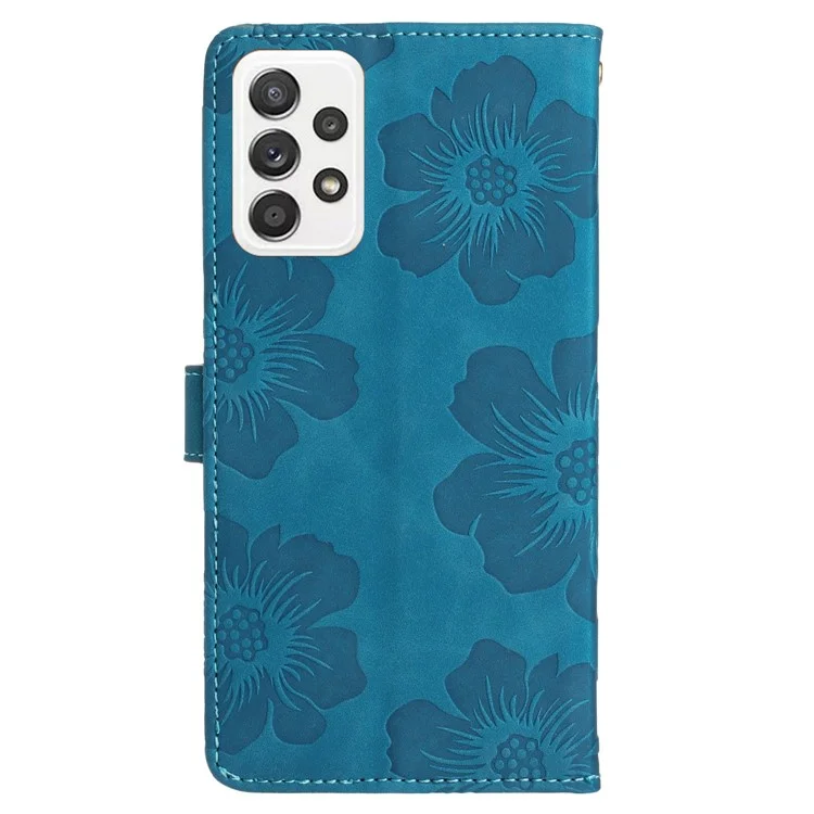 Pour Samsung Galaxy A73 5G Flip Stand Phone Case Flowers Imprint Leather Wallet Shockproof Cover - Bleu