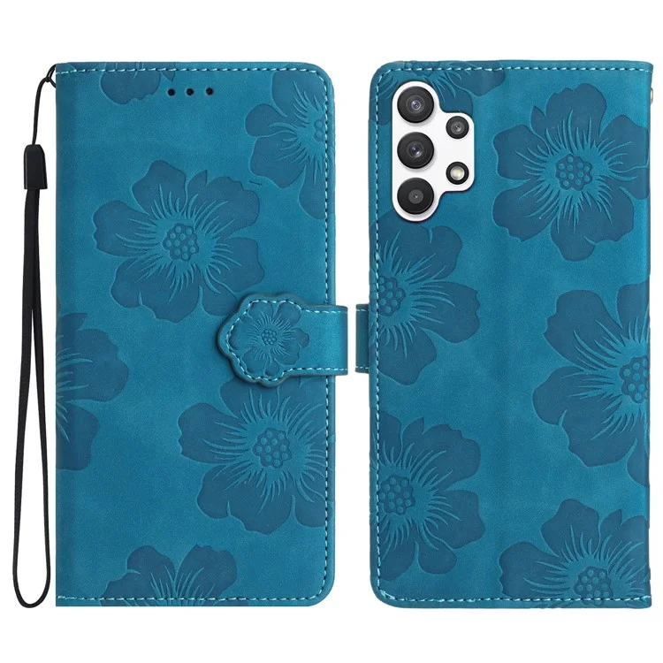 Für Samsung Galaxy A32 5G / M32 5G PU-Leder-Geldbörse Cover Flowers Imprint Phone Case mit Ständer - Blau