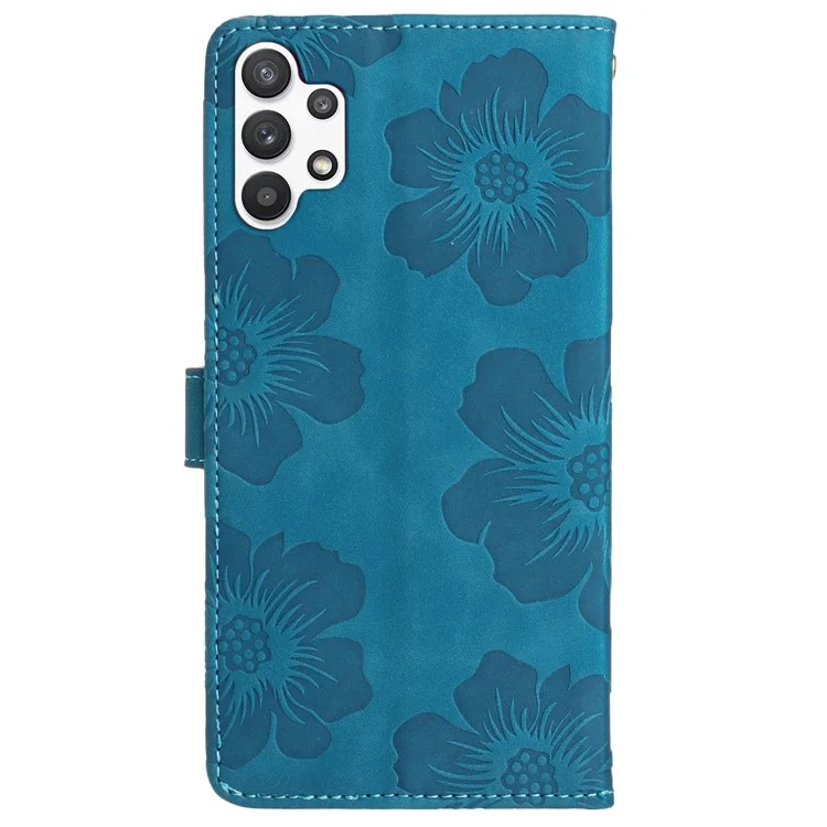 Für Samsung Galaxy A32 5G / M32 5G PU-Leder-Geldbörse Cover Flowers Imprint Phone Case mit Ständer - Blau