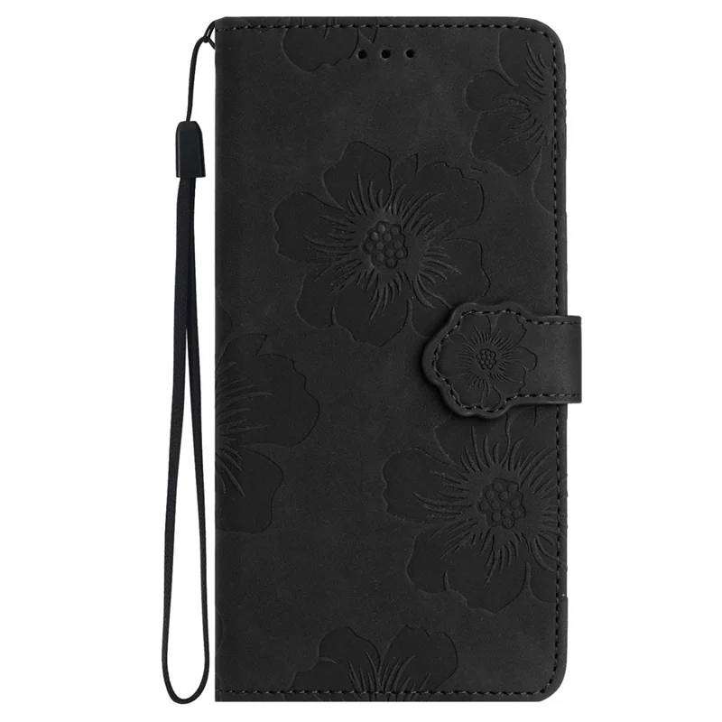 For Samsung Galaxy A72 4G / 5G Imprinted Flowers Phone Cover PU Leather Coated TPU Wallet Shell Case - Black