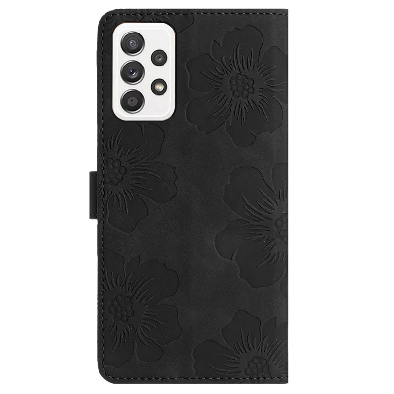 For Samsung Galaxy A72 4G / 5G Imprinted Flowers Phone Cover PU Leather Coated TPU Wallet Shell Case - Black
