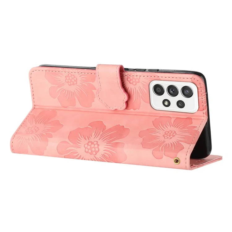 For Samsung Galaxy A23 5G (Global Version) / A23 4G Flowers Imprint Stand Phone Case Leather Wallet Protective Cover - Pink