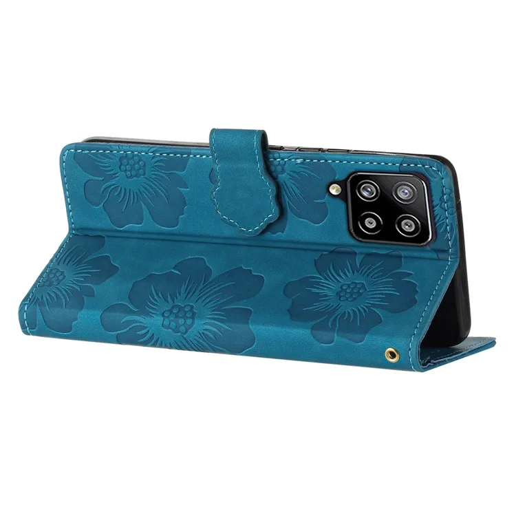 For Samsung Galaxy A42 5G Flowers Pattern Phone Stand Case PU Leather Wallet Anti-drop Cover - Blue