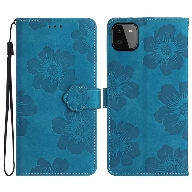 For Samsung Galaxy A22 5G (EU Version) PU Leather Full Protection Shell Flowers Imprint Stand Wallet Phone Case - Blue