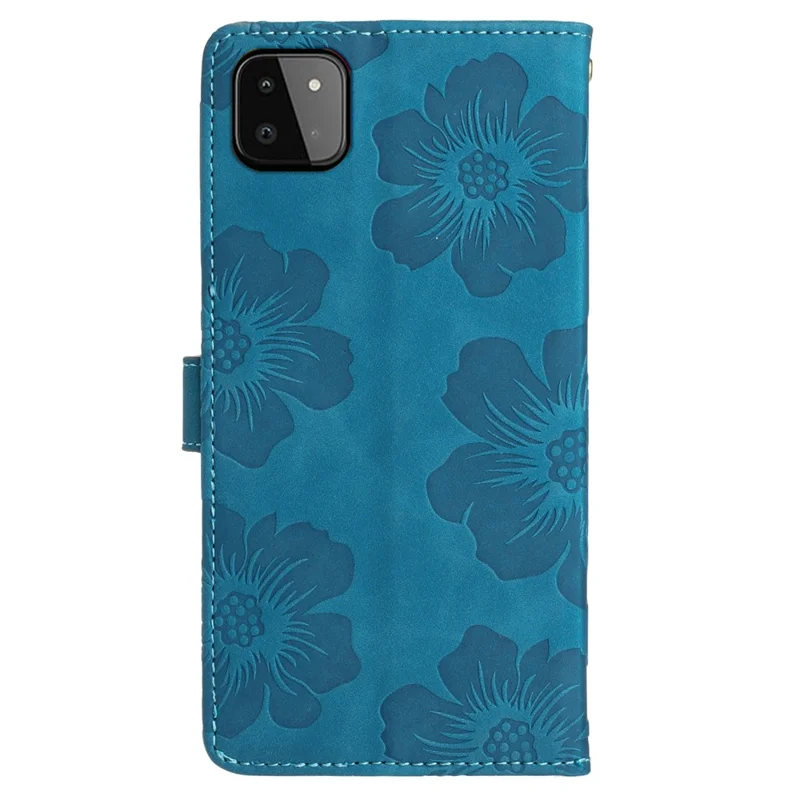 For Samsung Galaxy A22 5G (EU Version) PU Leather Full Protection Shell Flowers Imprint Stand Wallet Phone Case - Blue