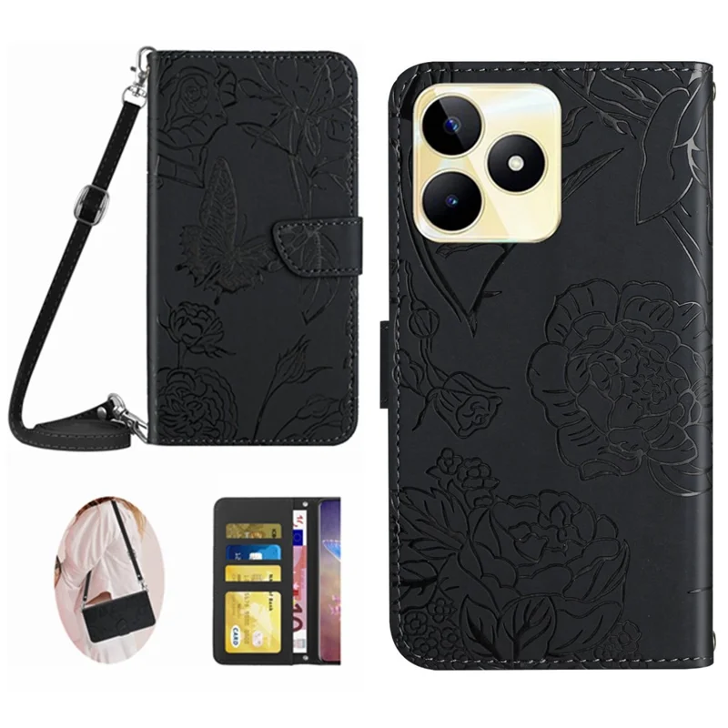 HT03 PU Leather Case for Realme C53 (Global) / C53 (India) / C51 , Wallet Stand Imprinted Phone Cover with Shoulder Strap - Black