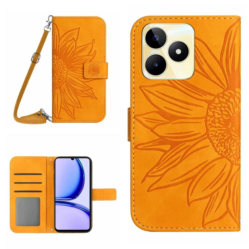 HT04 For Realme C53 (Global) / C53 (India) / C51 Wallet PU Leather Phone Case Stand Cover with Shoulder Strap - Yellow