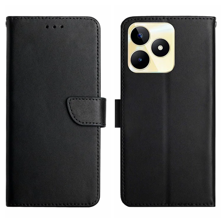 HT02 Wallet Stand Case für Realme C53 (Global) / C53 (Indien) / C51, echtes Kuhledernappa-Textil-Telefongehäuse - Schwarz