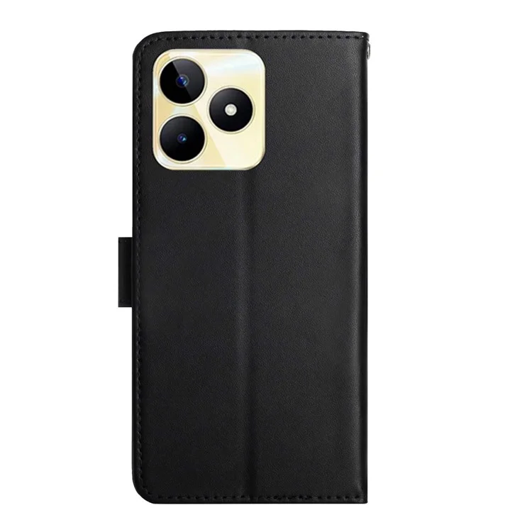 HT02 Wallet Stand Case für Realme C53 (Global) / C53 (Indien) / C51, echtes Kuhledernappa-Textil-Telefongehäuse - Schwarz