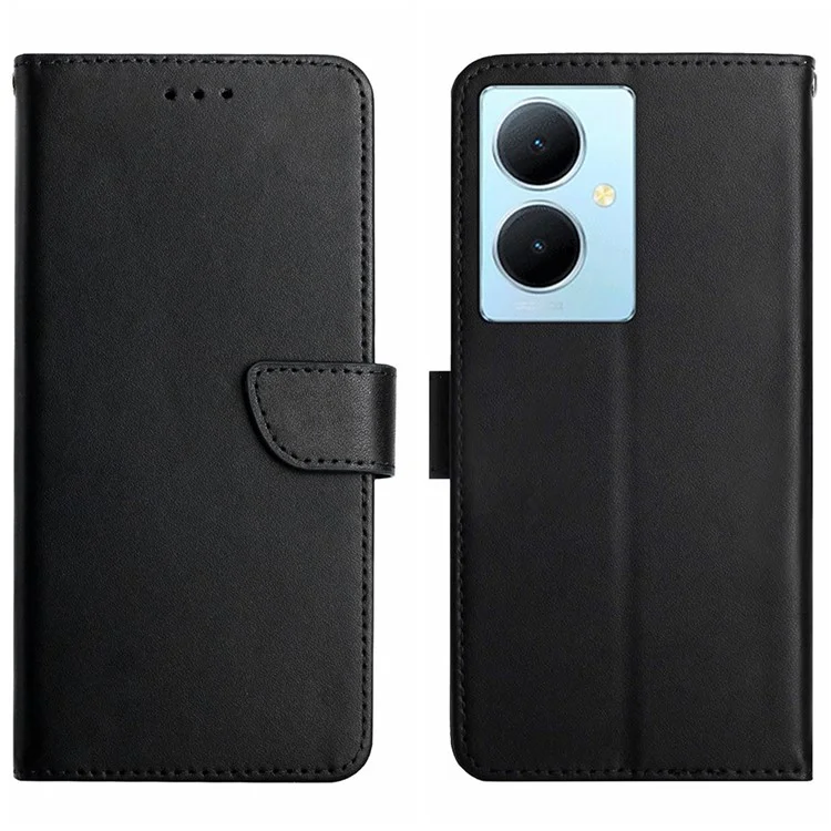 HT02 Für vivo Y78+ 5G Echtes Kuhledertelefongehäuse Nappa-Textur Telefonständer Brieftasche Cover - Schwarz