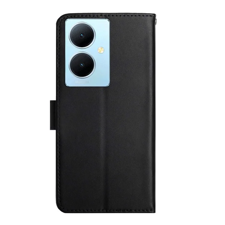 HT02 Für vivo Y78+ 5G Echtes Kuhledertelefongehäuse Nappa-Textur Telefonständer Brieftasche Cover - Schwarz
