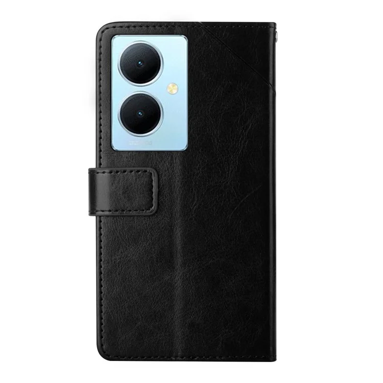 HT01 Wallet Phone Case for vivo Y78+ 5G , Y-shaped Line Imprinting Stand PU Leather Cover - Black