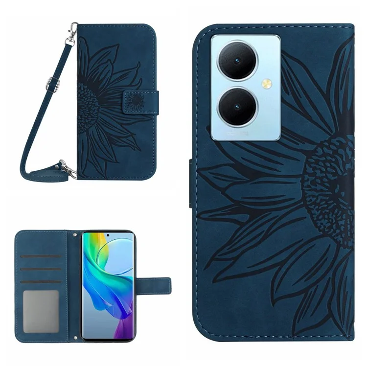 HT04 Para vivo Y78+ 5G Sunflower Imprint Phone Case Leather Wallet Stand Shell com Alça de Ombro - Azul Marinho