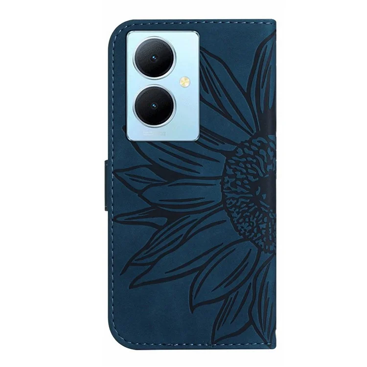 HT04 Para vivo Y78+ 5G Sunflower Imprint Phone Case Leather Wallet Stand Shell com Alça de Ombro - Azul Marinho